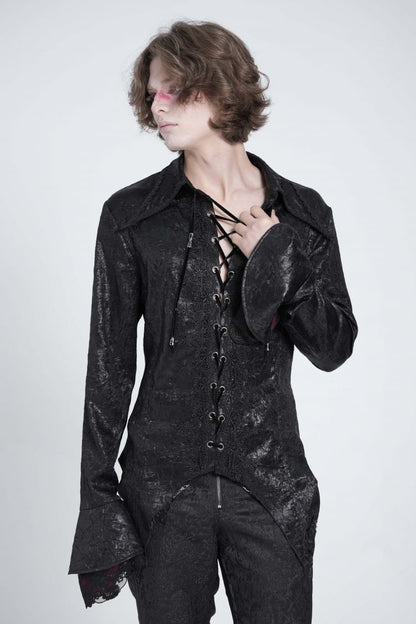 Black Long Trumpet Sleeves Lace-Up Men's Gothic Swallow-tailed Blouse