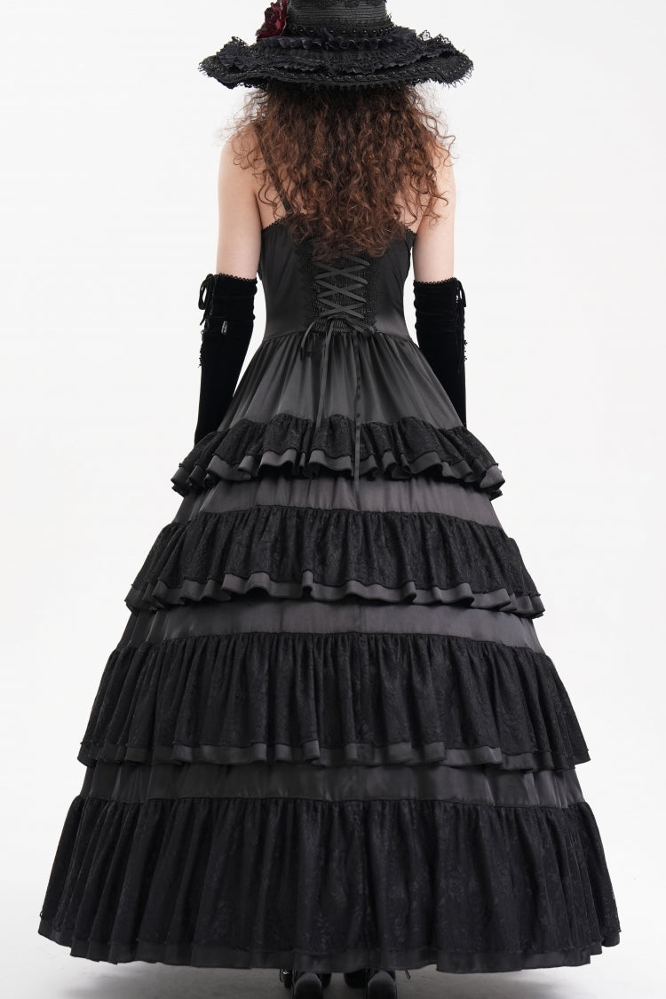 Black Multi-Layered Ruffle Lace-Up Mesh Women's Gothic Dress