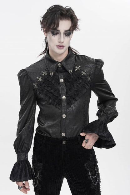 Black Cross Spider Turn-down Collar Long Trumpet Sleeves Printed Lace Men's Gothic Shirt