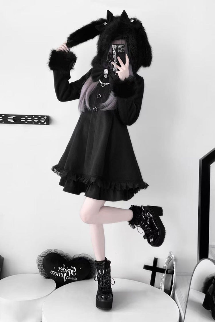 Black Long Sleeves Bowknot Rabbit Ears Detachable Hooded Japanese Jirai Kei Coat