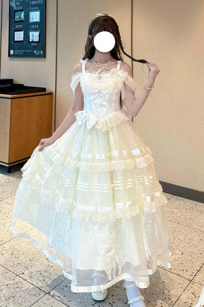 Apricot [Moonlight Poems] Triple-Layered Jacquard Ruffle Bowknot Lace Sweet Elegant Princess Lolita Jsk Dress