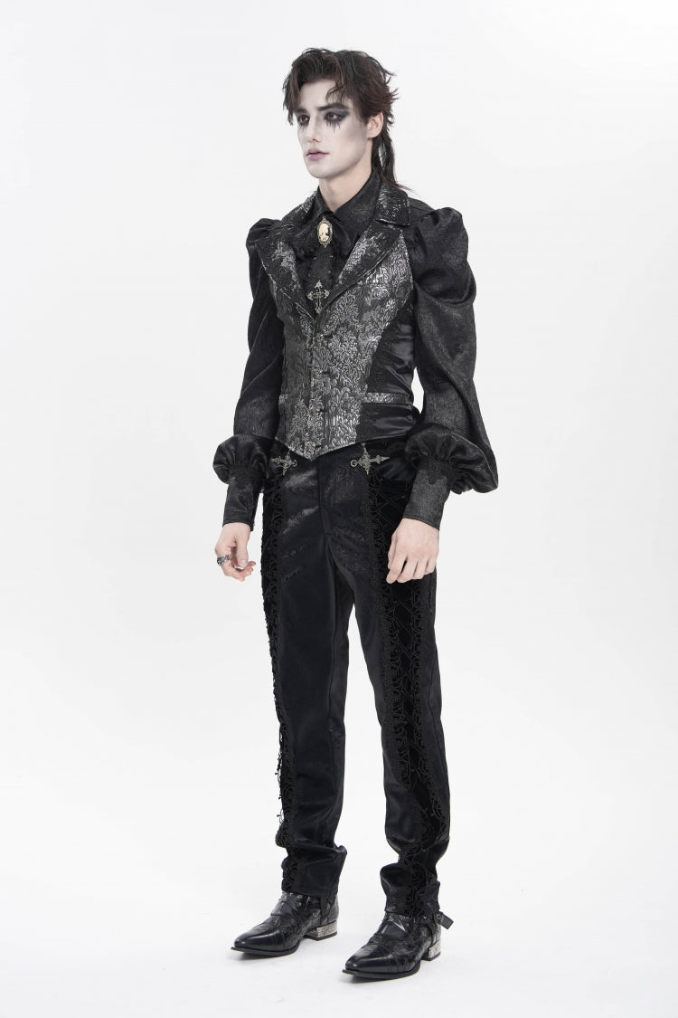 Black Lapel Collar Off Shoulder Halterneck Sleeveless Jacquard Lace Slim Color-Blocked Men's Gothic Palace Vest