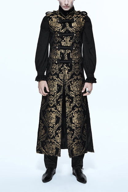 Black And Gold Court Floral Gothic Mens Long Coat