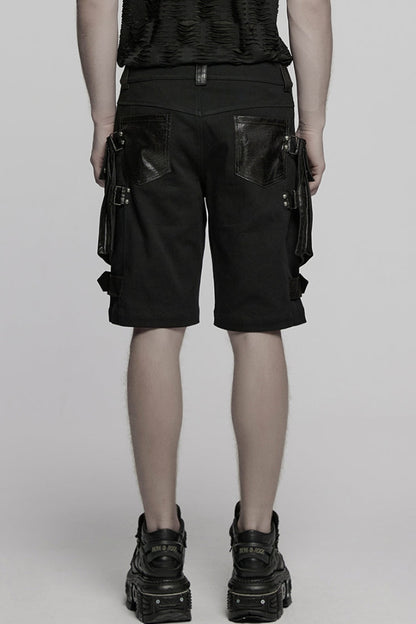 Black Big-pocket Faux Leather Stitching Men's Punk Shorts