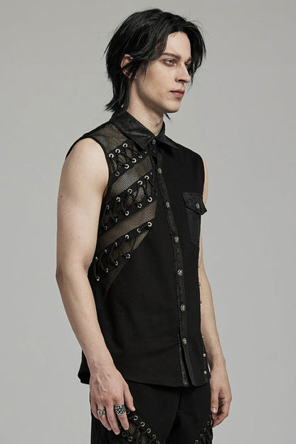 Black Hollow Stitching Lace-Up Mesh Men's Punk Vest