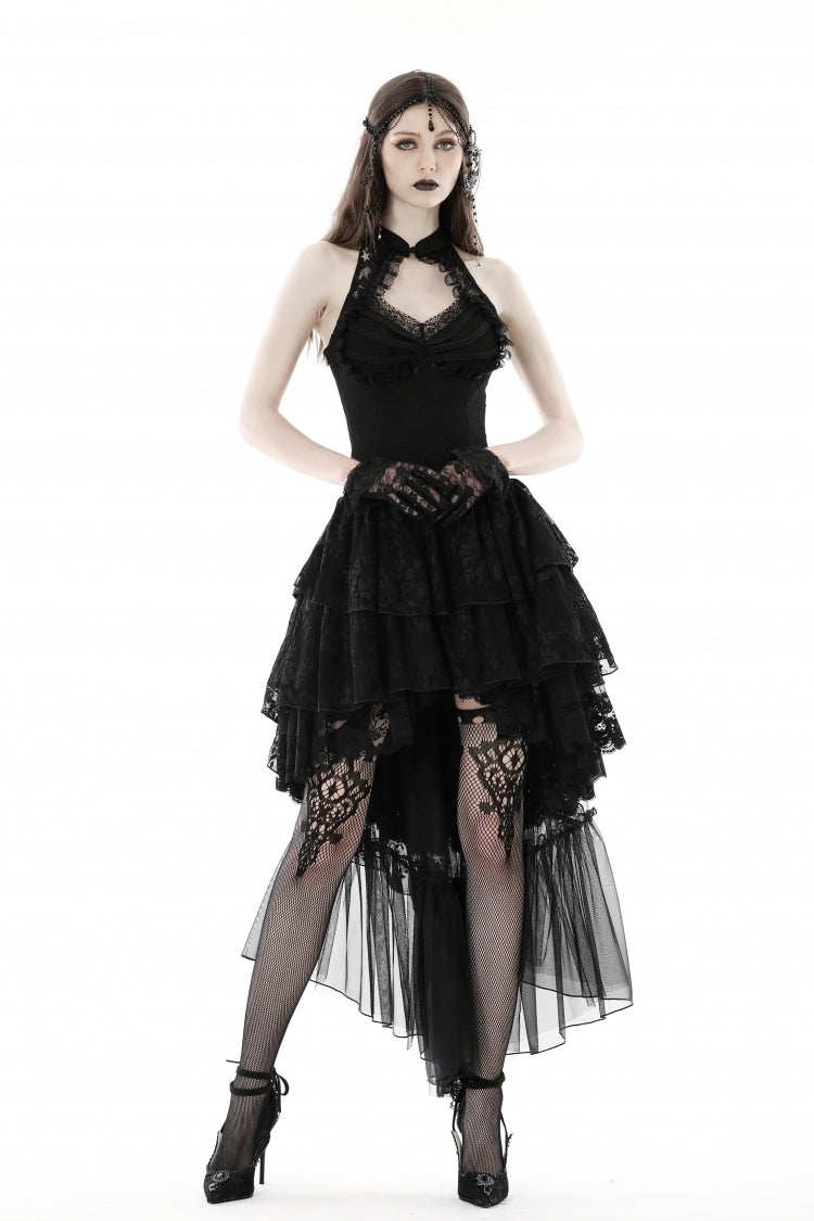 Black Off Shoulder Halterneck Sleeveless Irregular High Low Multi-Layered Lace Women's Gothic Dress