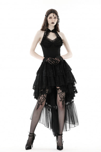Black Off Shoulder Halterneck Sleeveless Irregular High Low Multi-Layered Lace Women's Gothic Dress