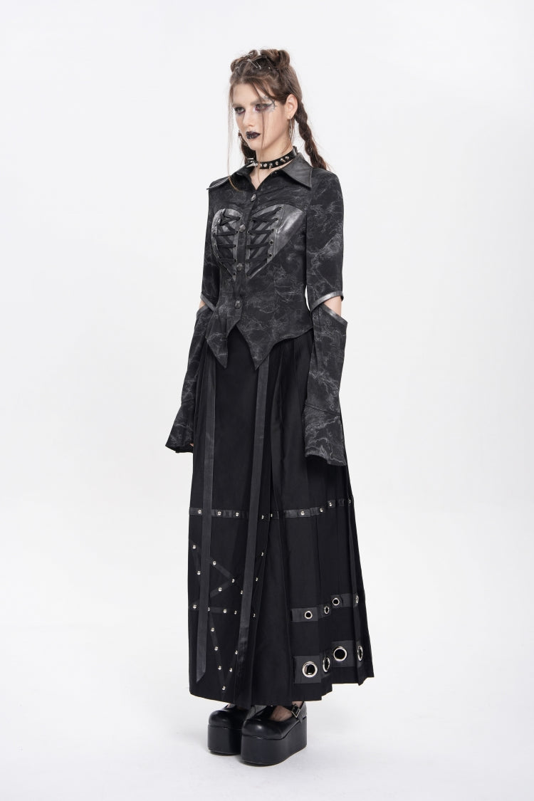 Black Lapel Collar Long Sleeves Print Lace-Up Cutout Women's Punk Blouse