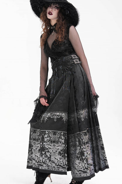 Black Print Embroidery Women's Gothic Crochet Tassels Bucket-up Long Skirt