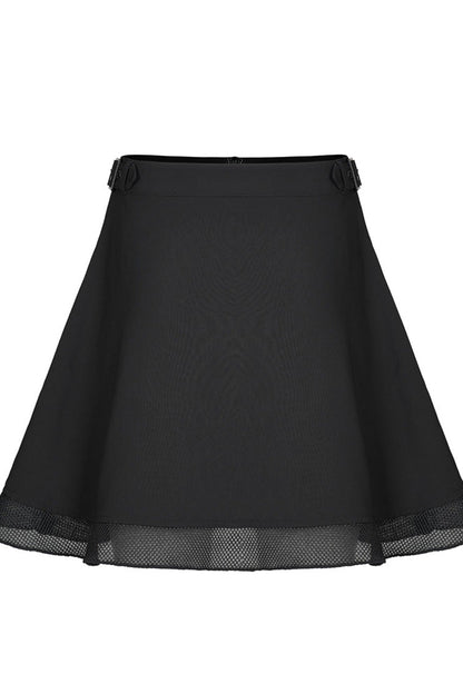Black Chiffon Plaid Large-Hole Mesh Stitching V-Word Segmentation Design Sun-Hem Women's Punk Skirt