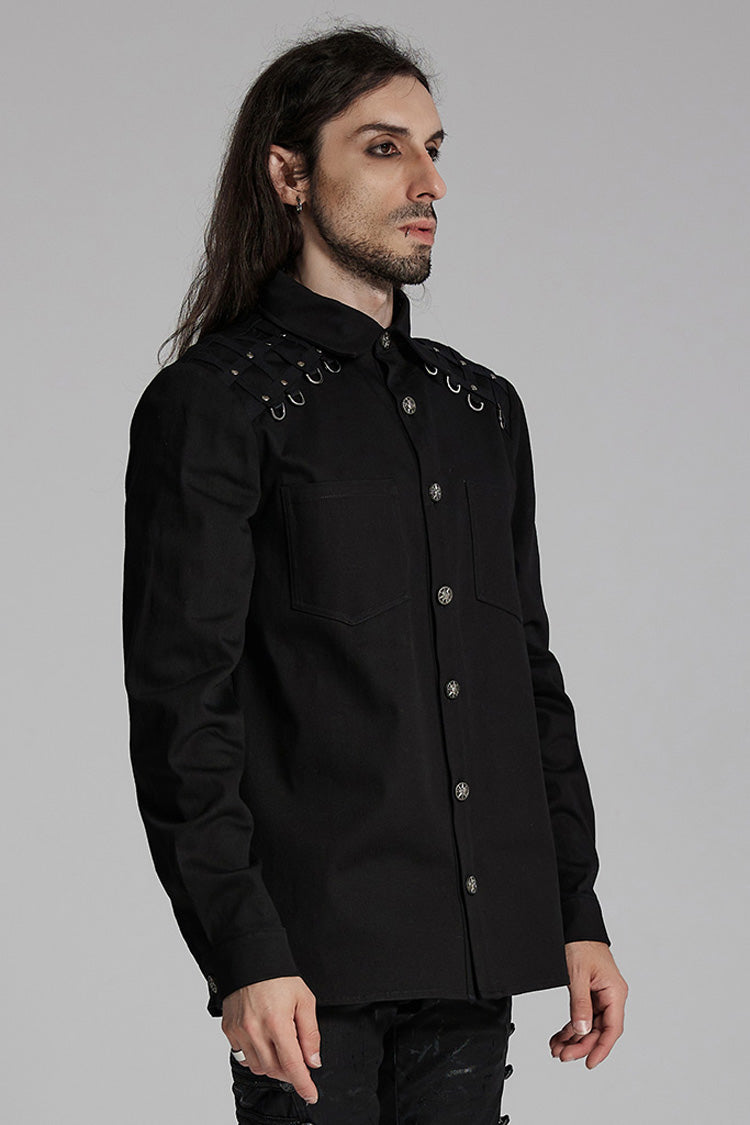Black Lapel Collar Long Sleeves Rings Men's Punk Blouse