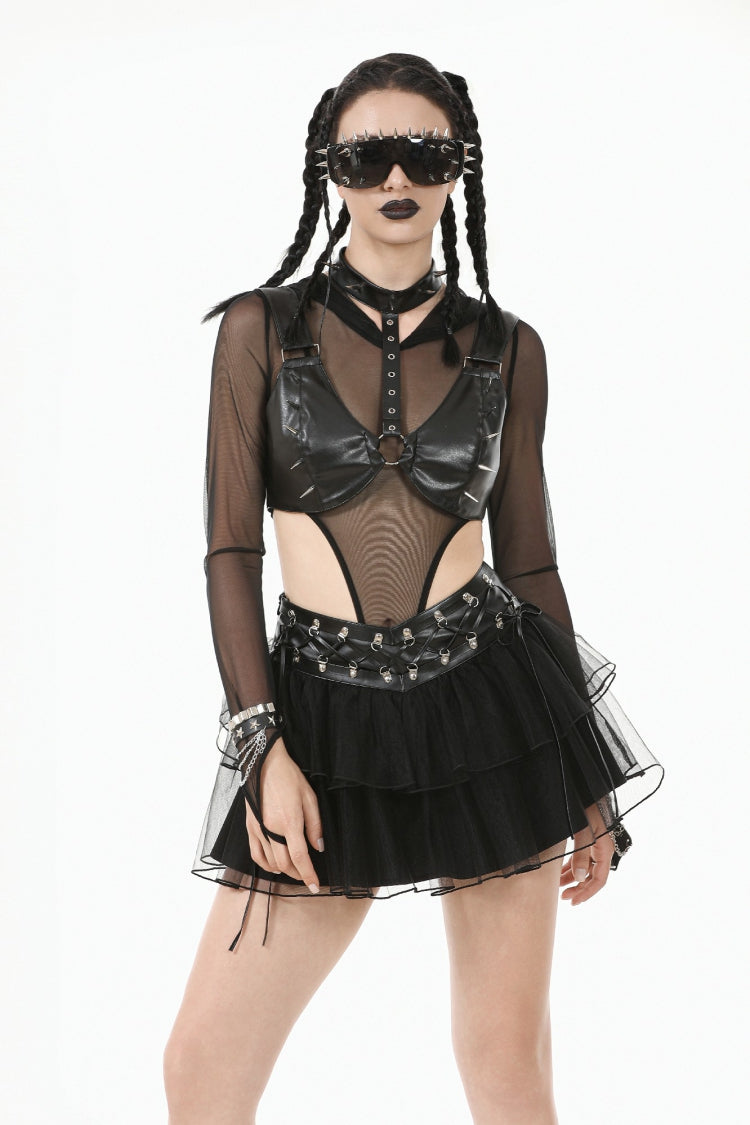 Black Metal Studded Women's Punk Faux Leather Bustier Crop Top with Adjustable Clasps