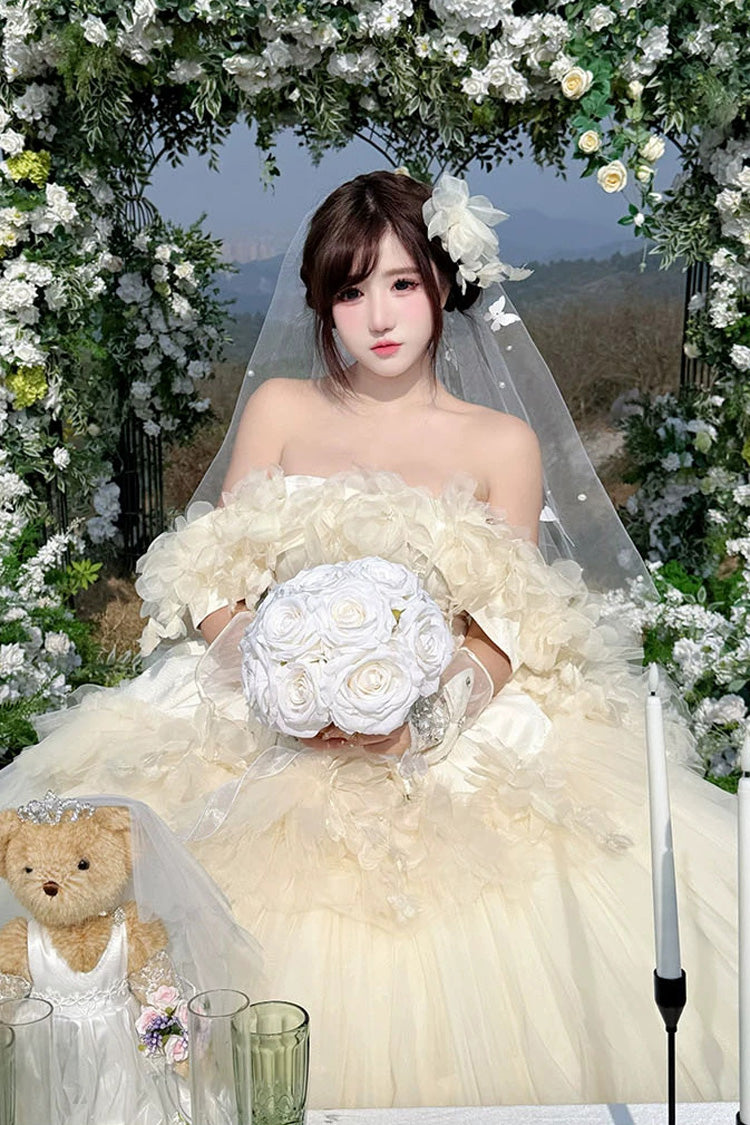 Apricot [Dream Confession] Sleeveless Triple-Layered Ruffled Hanayome Bow Lace Lace-Up Sweet Lolita Jsk Dress Long Version