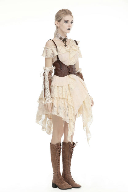 Beige Irregular Multi-Layered Ruffled Lace Women's Steampunk Vintage Dress