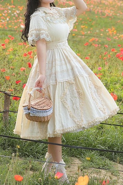 Beige Ruffled Round Collar Lace Cross Floral Embroidery Short Sleeves Plus Size Sweet Lolita OP Dress
