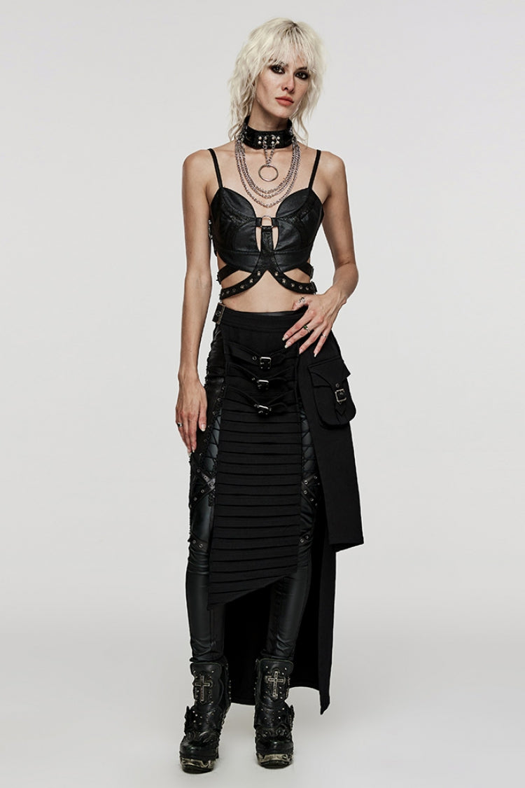 Black Adjustable Waist Irregular Metal Buckle Women's Steampunk Skirt