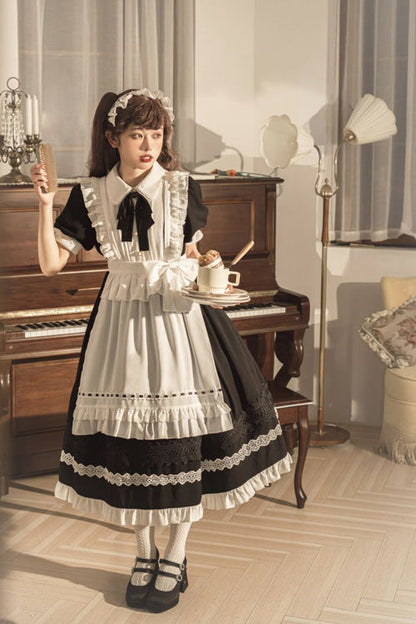 Black Lapel Collar Bowknot Short Sleeves Ruffled Sweet Lolita Maid OP Dress (Apron is included)