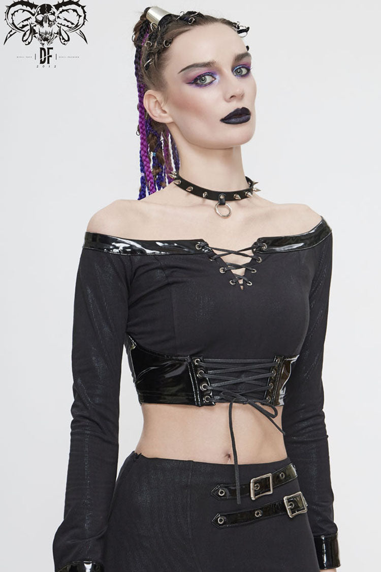 Black Long Sleeve Twill Off-Shoulder Chest Lace Up Splice Patent Leather Waist Seal Short Women's Punk T-Shirt