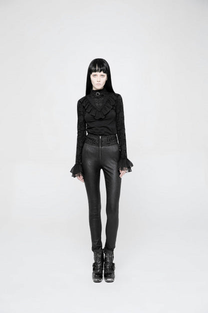 Black High Waist Flower Weaves The Ribbon Decoration Lace Up Gothic Jacquard Women's Pants