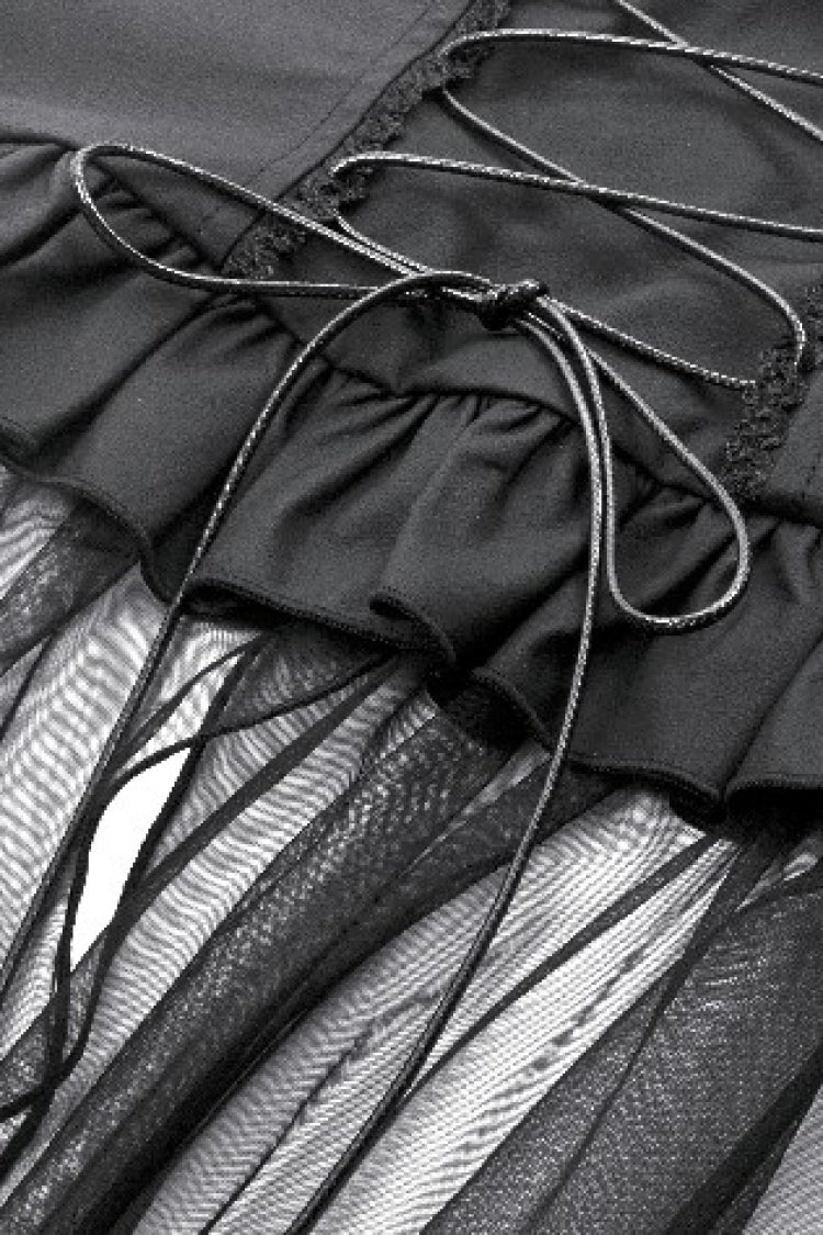 Black High Waisted Lace-Up High/low Mesh Women's Punk Skirt