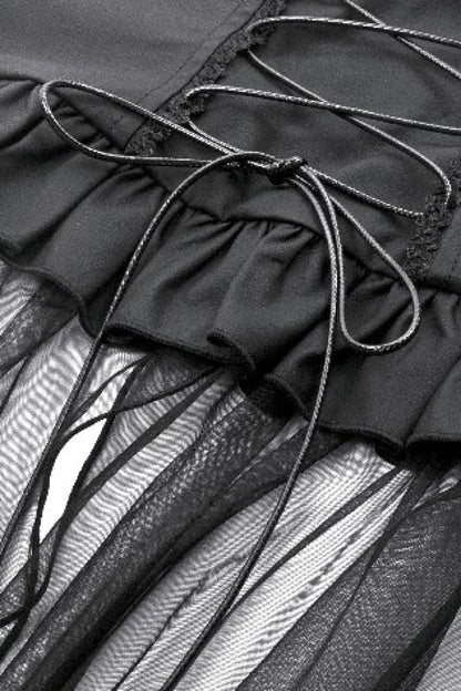 Black High Waisted Lace-Up High/low Mesh Women's Punk Skirt