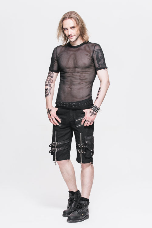 Black Diamond Shaped Mesh Round Neck Short Sleeves Punk Mens Tops T-Shirt