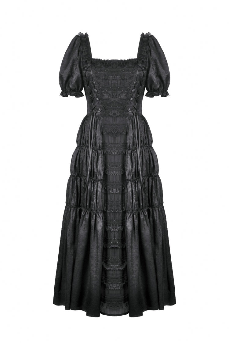 Black Lace Square Collar Short Puff Sleeves Lace-Up Ruched Women's Gothic Wedding Dress