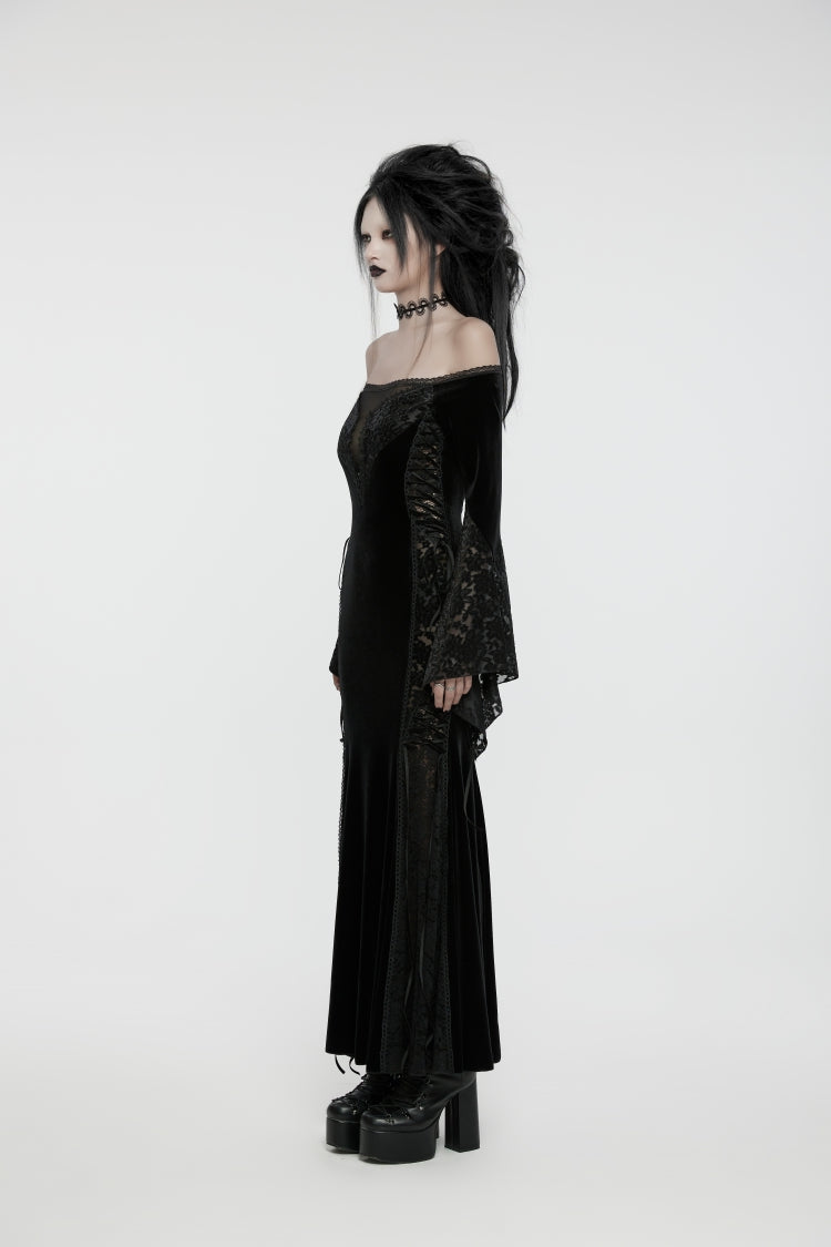 Black Off Shoulder Long Trumpet Sleeves Embroidered Spliced Lace Lace-Up Women's Gothic Gorgeous Palace Strapless Velvet Dress