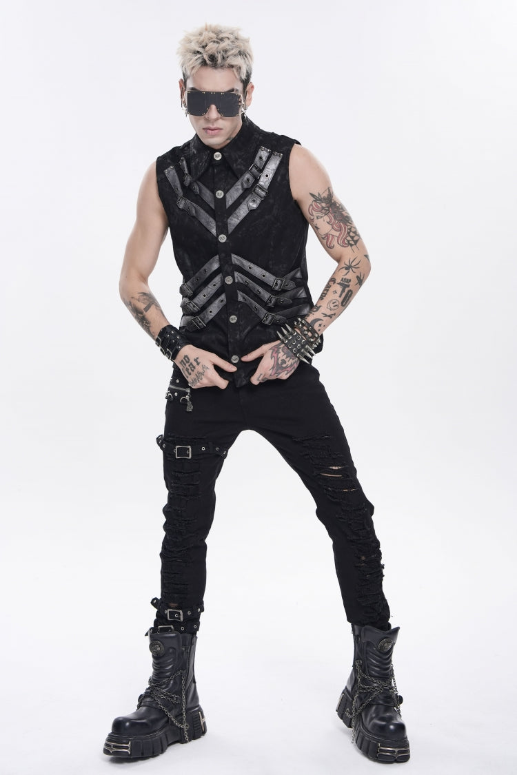Black Lapel Collar Sleeveless Multi-Layered Printed Tie-dyed Buckled Men's Punk Shirt