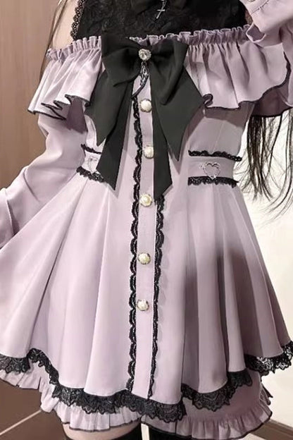Black Long Sleeves Ruffle Stitching Lace Jirai Kei Japanese Strapless Dress Set