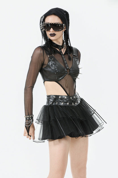 Black Multi-Layered Lace Mesh Women's Punk Short Skirt with D-Ring Ties Waist