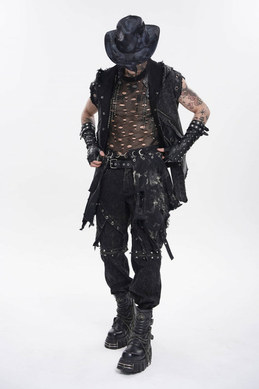 Black Irregular Ripped Buckled Pleated Chain-Decorated Men's Punk Skirt