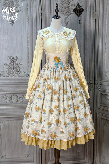 Apricot [Gardening Sunflower] Sleeveless Print Ruffle Bowknot Sweet Elegant Uplift Lolita Jsk Dress
