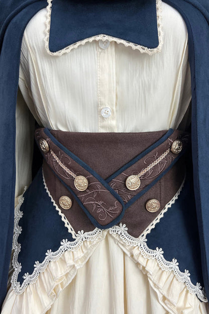 Beige [Morning Mist Coast] Stand Collar Long Sleeves Ruffle Embroidery Vintage Elegant Lolita Skirt Dress Set