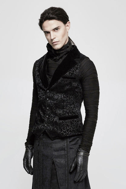 Black Jacquard Velvet Gothic Vintage V Collar Print Mens Vest