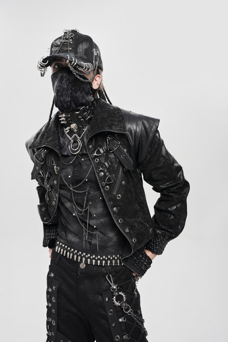 Black Faux Leather Stitching Buckle Zipper Straps Men's Punk Coat