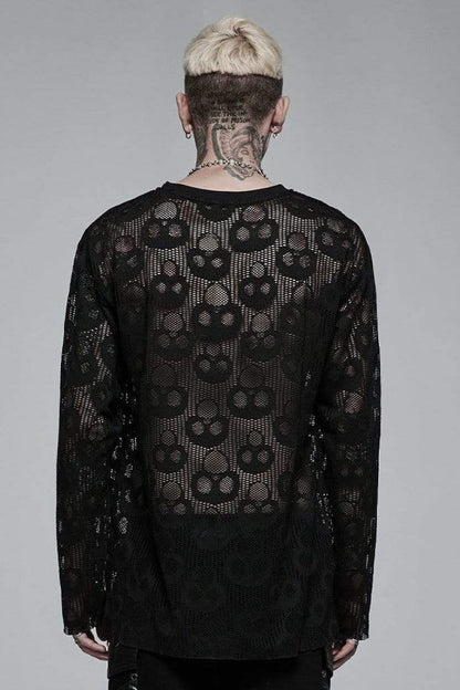 Black Long Sleeves Skull Print Lace Sheer Mesh Men's Steampunk T-Shirt