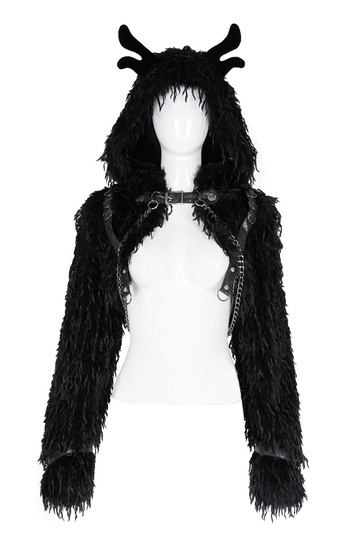 Black Long Sleeves Hooded Women's Gothic Chain Buckle-up Horn Cape