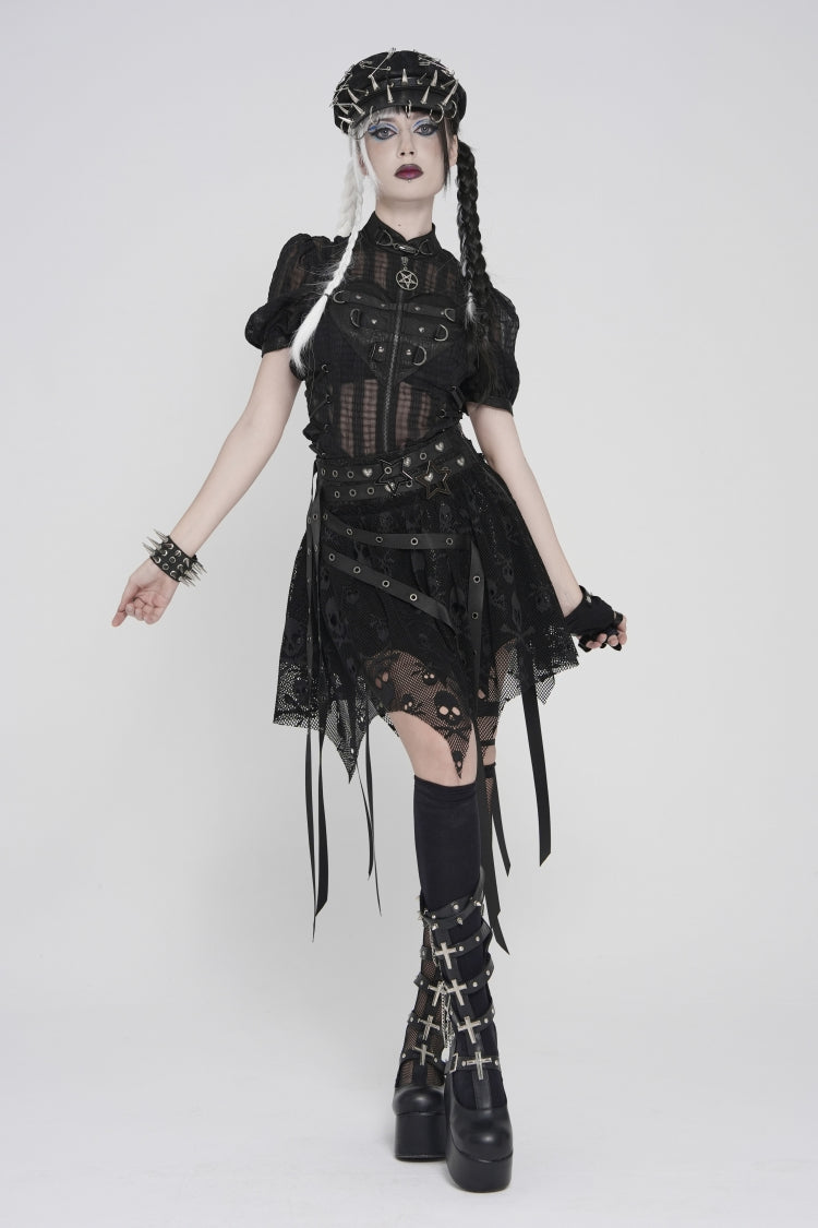 Black Double-Layered Lace Lace-Up Irregular Mesh Eyelet Women's Punk Skirt