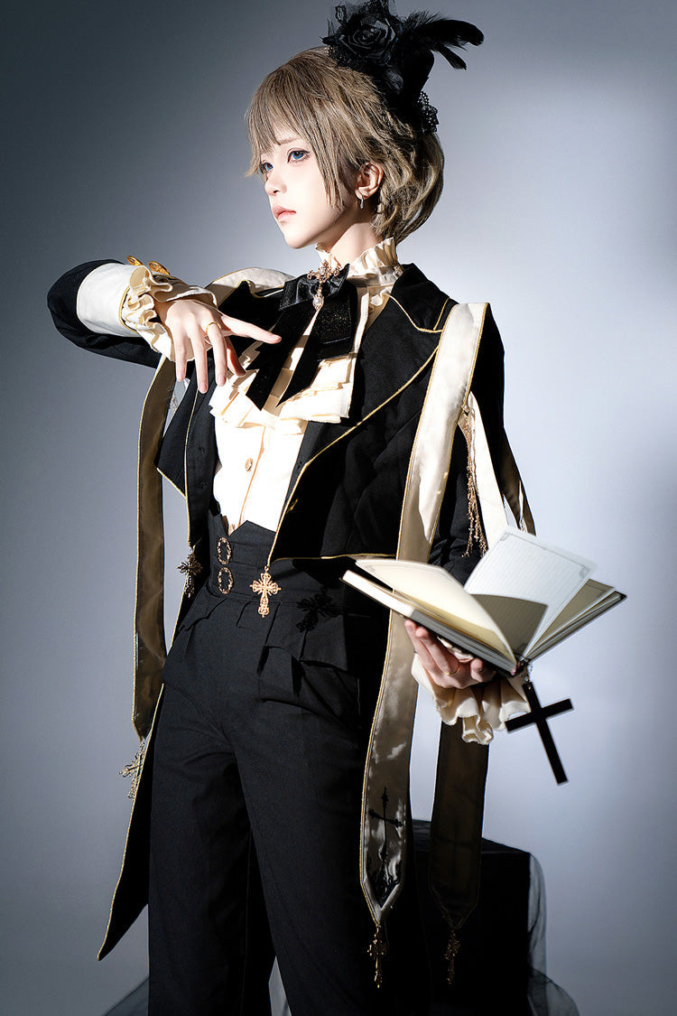 Black Long Sleeves Print Gothic Prince Handsome Ouji Lolita Swallowtail Coat