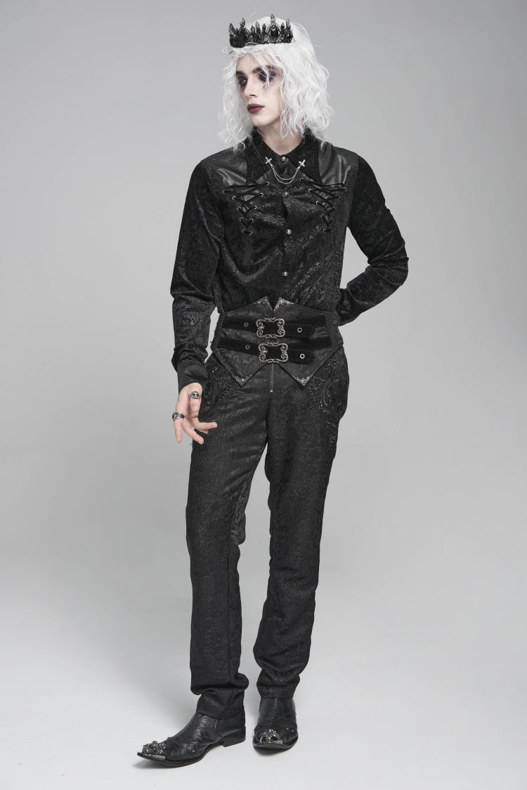 Black Lapel Collar Long Sleeves Print Embroidery Lace-Up Men's Gothic Blouse
