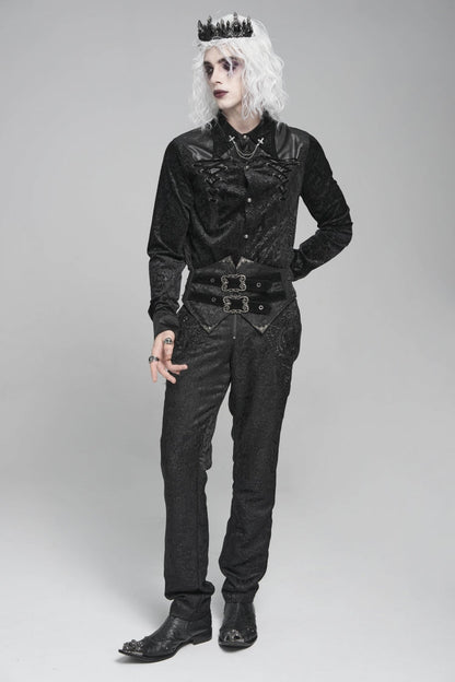 Black Lapel Collar Long Sleeves Print Embroidery Lace-Up Men's Gothic Blouse