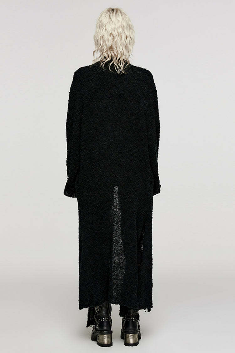 Black Lapel Collar Long Sleeves Wool Slit Hem Irregular Women's Punk Jacket