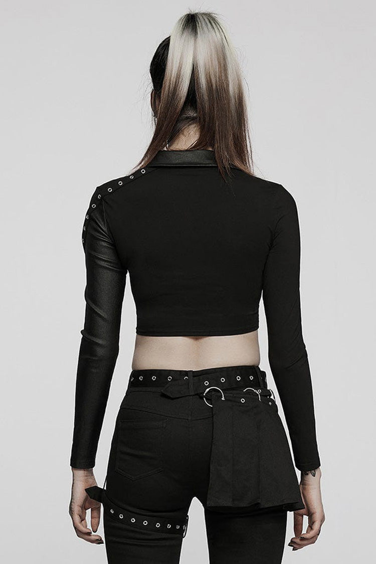 Black Gothic Super Cool Slim Fit Strap Sexy Cropped Pullover Long Sleeve Women's Polo Tee