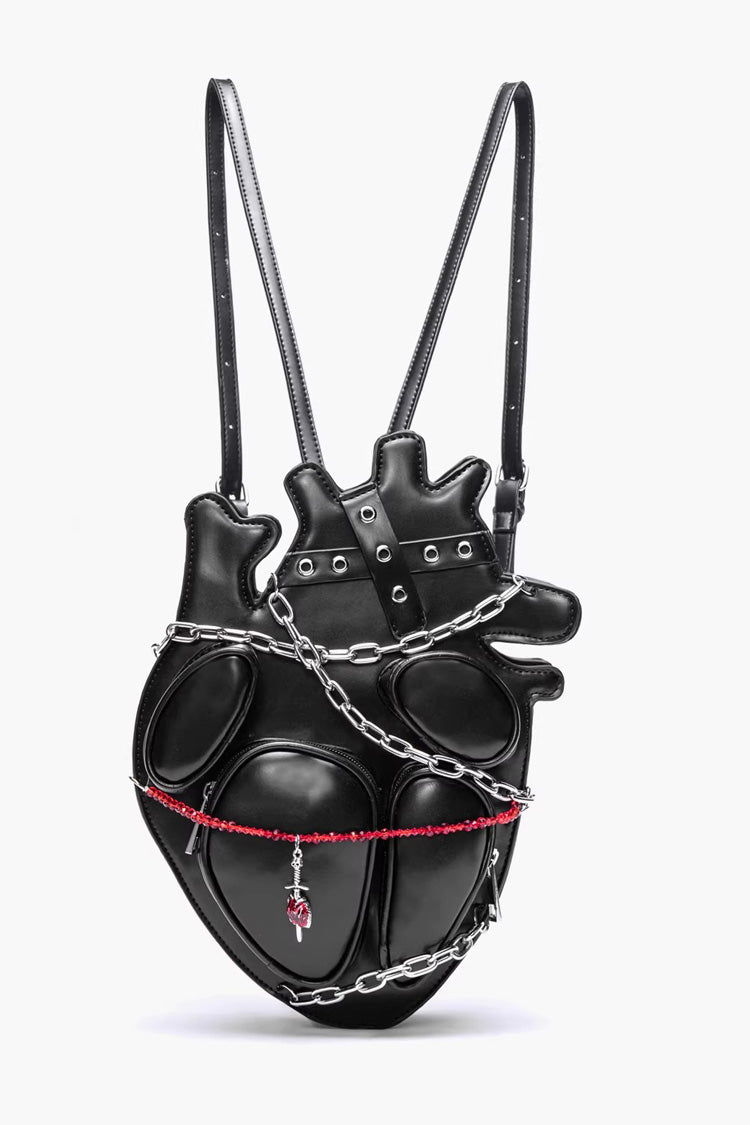 Black Creative Heart Chain-Decorated Gothic Lolita Backpack with Binding Straps and Chain