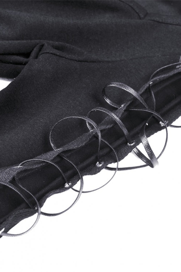 Black Long Sleeves Irregular Strappy Bat Women's Punk Crop Top