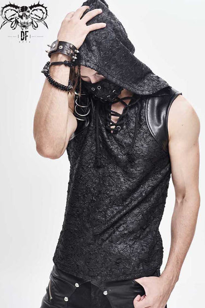 Black Hooded Tattered Chest Lace Up Metal Buckle Knit Men's Punk Vest