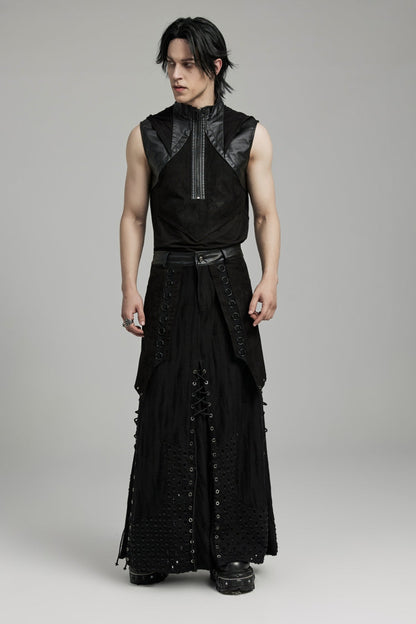 Black Lace-Up Ripped Eyelet Men's Punk Skirt