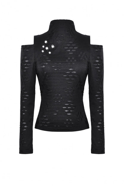 Black Long Sleeves Cut-Out Ripped Zippered Eyelets Women's Punk Distressed Top