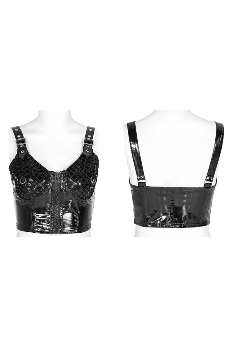 Black Knit Metal Buckle Shoulder Strap Splice Mesh Press Glue Women's Punk Vest